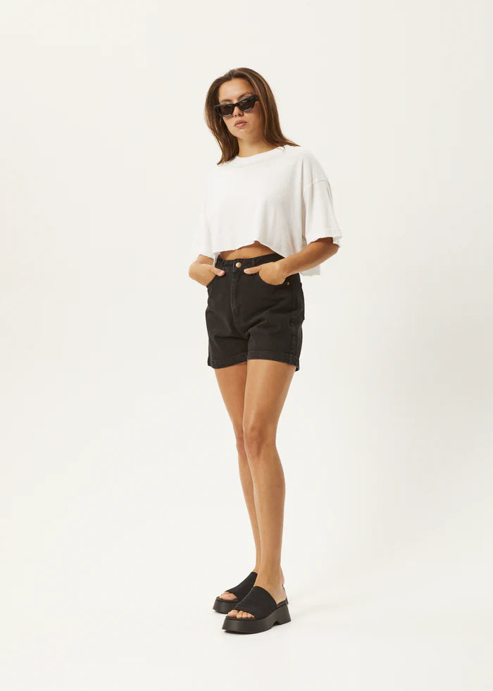 Seventy Three's Organic Denim High Waisted Shorts in Washed Black