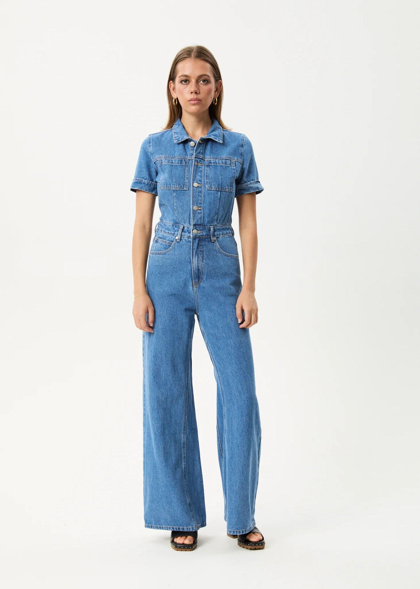 Miami Hemp Denim Flared Jumpsuit in Worn Blue