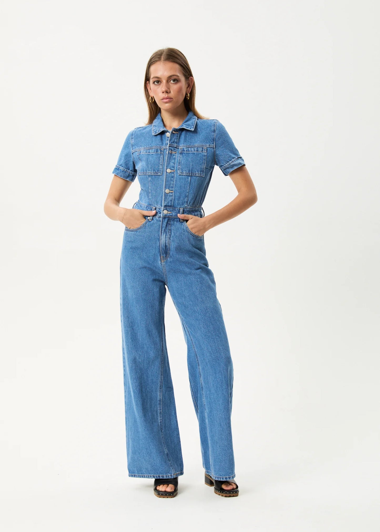 Miami Hemp Denim Flared Jumpsuit in Worn Blue