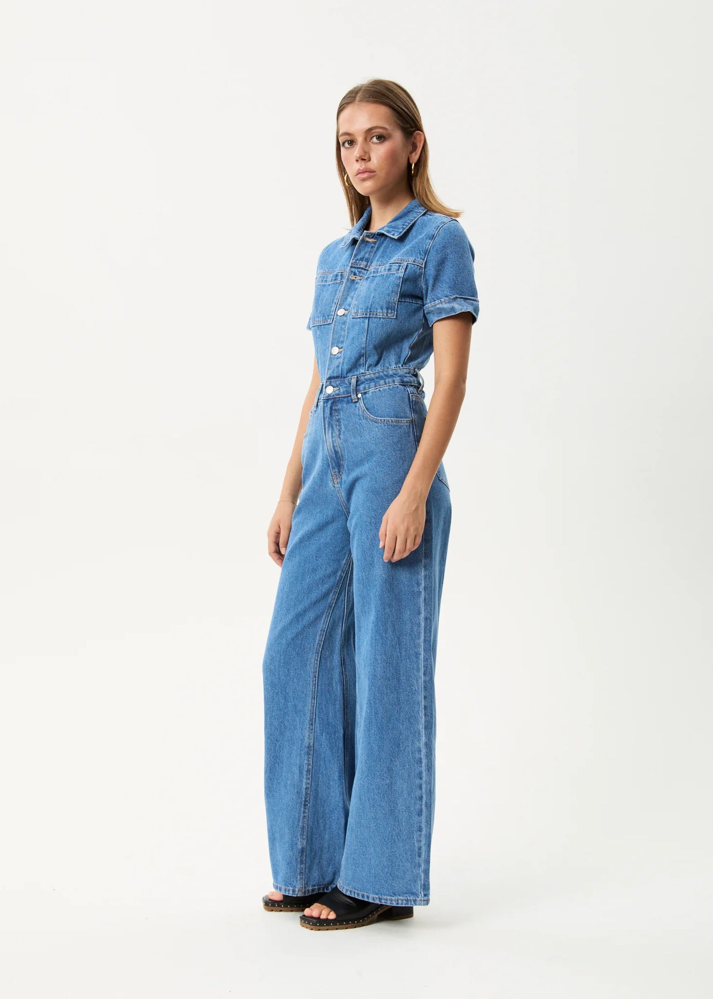 Miami Hemp Denim Flared Jumpsuit in Worn Blue