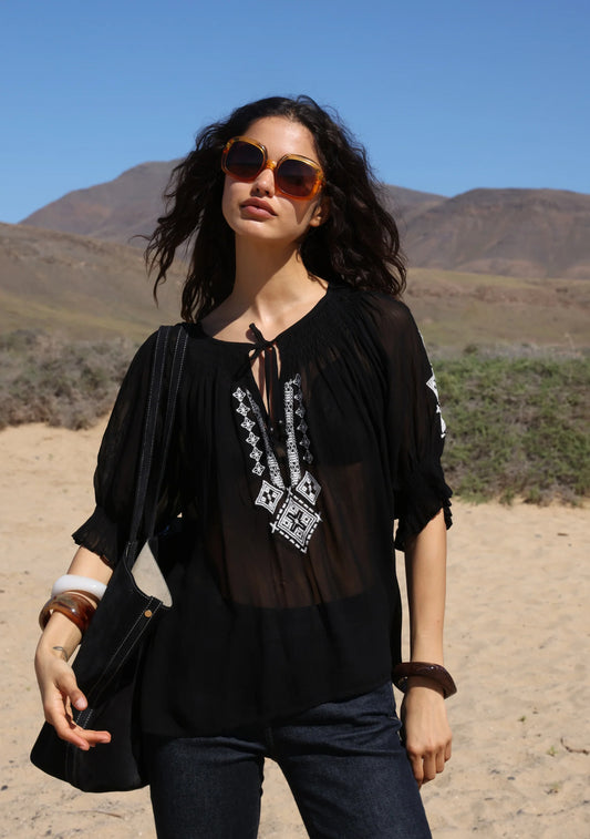 Stevie Embroidered Blouse - Black