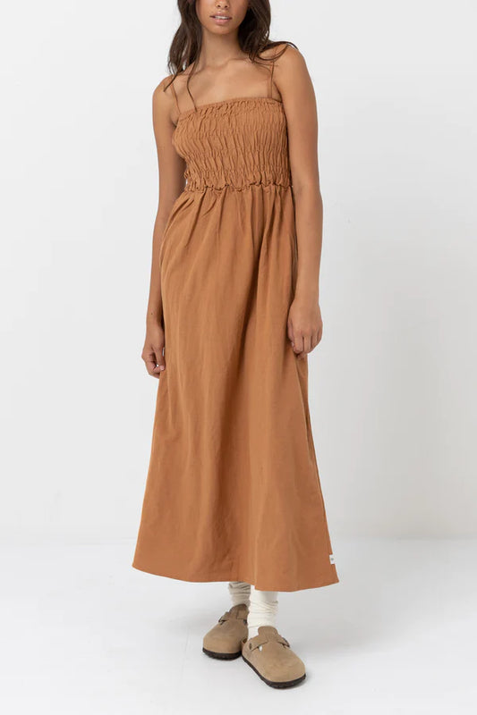 Classic Shirred Midi Dress in Caramel