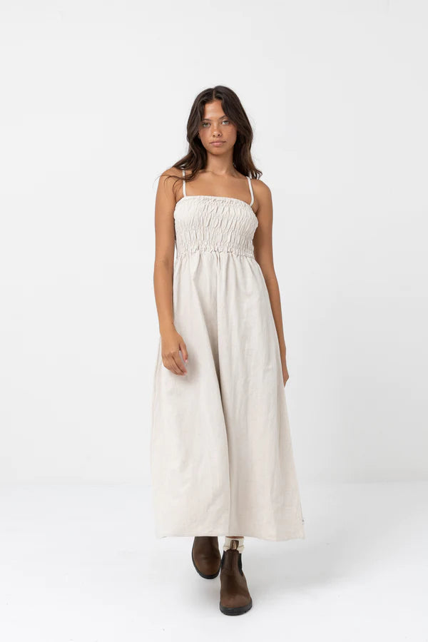 Classic Shirred Midi Dress in Oat