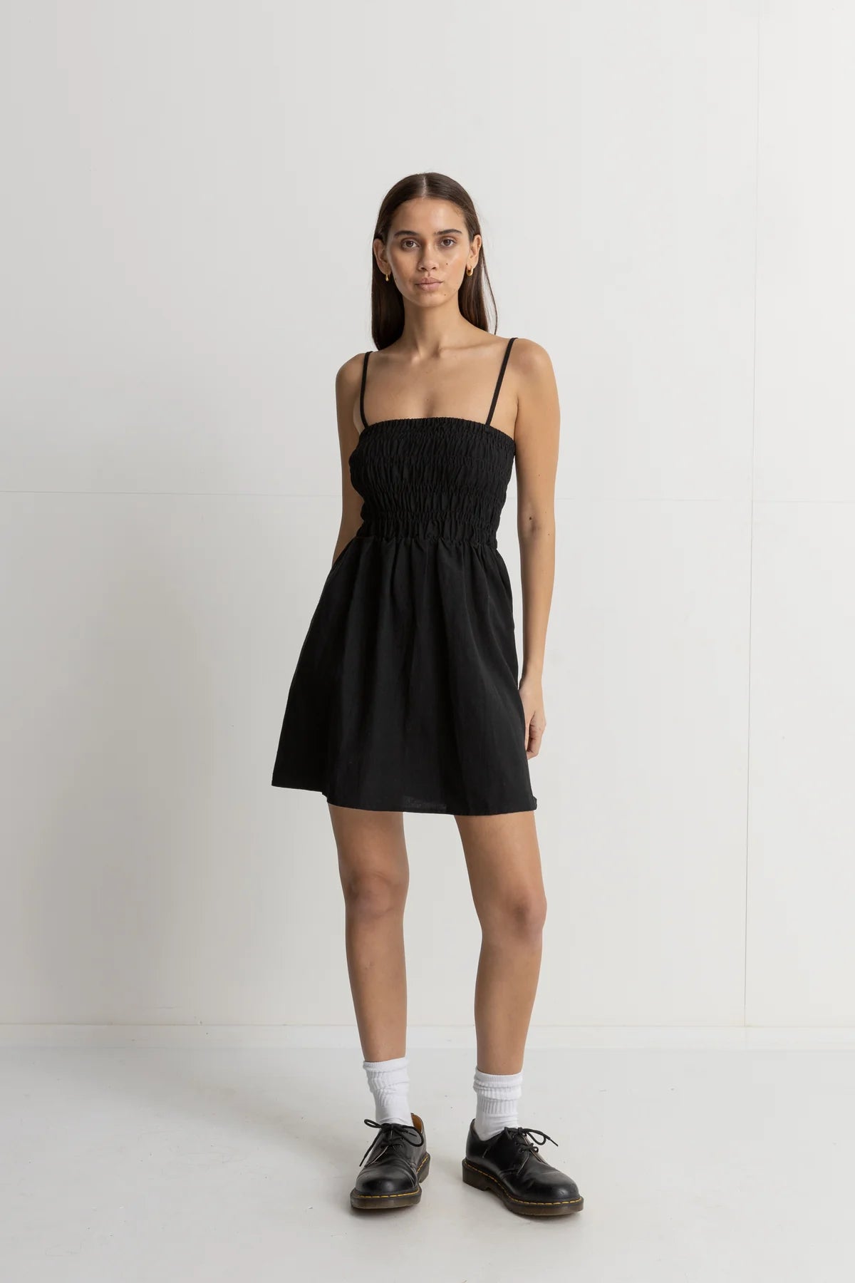 Classic Shirred Mini Dress in Black