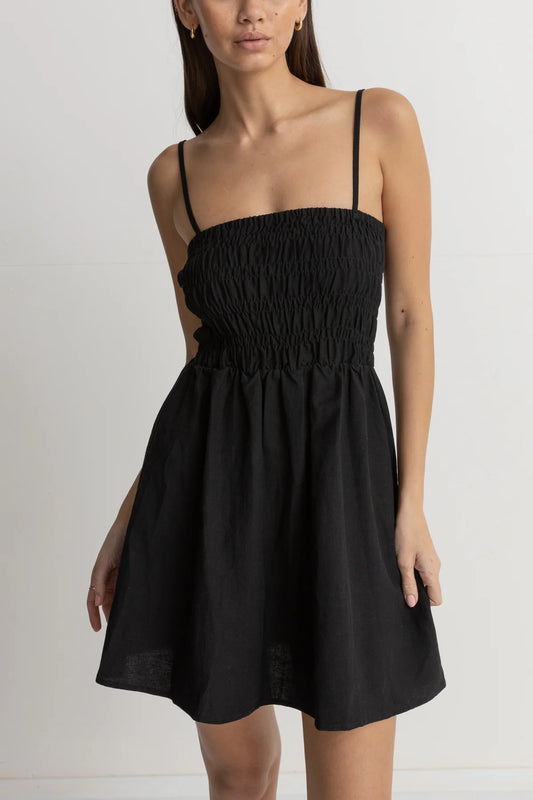 Classic Shirred Mini Dress in Black