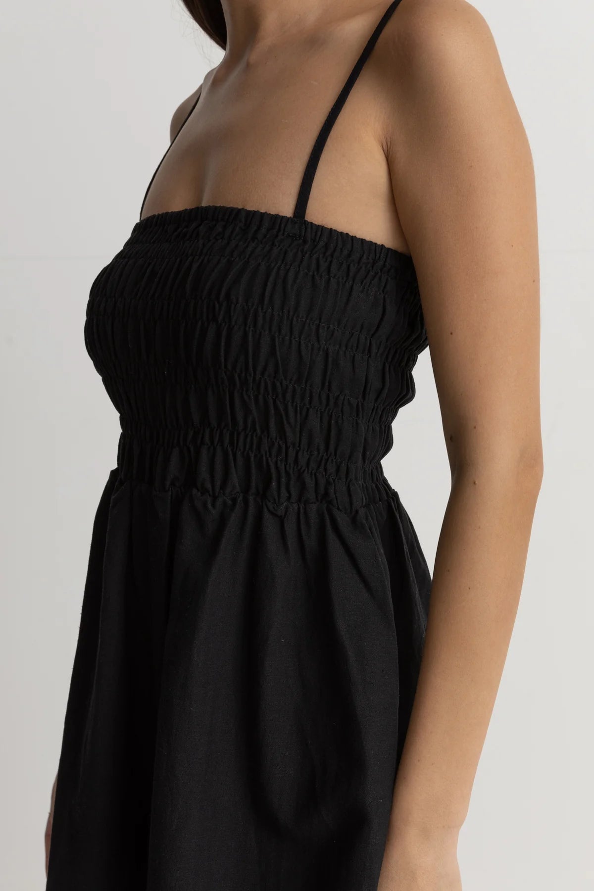 Classic Shirred Mini Dress in Black